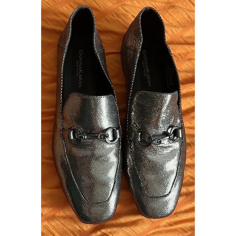 Donna Karan Metallic Pewter Debz Loafer Shoes SZ 7.5 MSRP $225